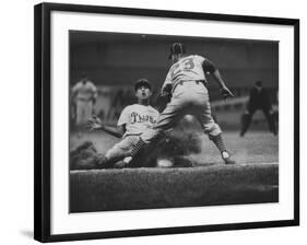 Baseball Player Chico Fernandez Sliding into Base-null-Framed Premium Photographic Print