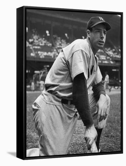 Baseball Player Joe Di Maggio Kneeling in His New York Yankee Uniform-Alfred Eisenstaedt-Framed Stretched Canvas
