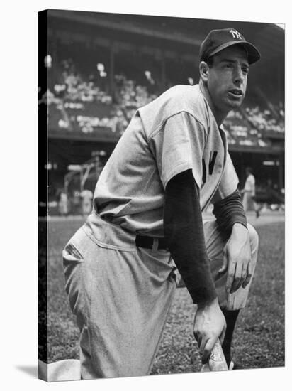 Baseball Player Joe Di Maggio Kneeling in His New York Yankee Uniform-Alfred Eisenstaedt-Stretched Canvas