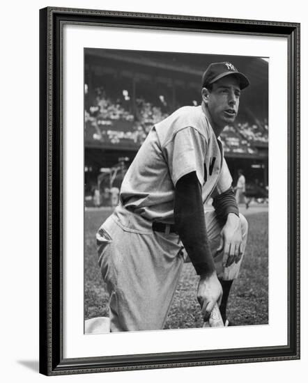 Baseball Player Joe Di Maggio Kneeling in His New York Yankee Uniform-Alfred Eisenstaedt-Framed Premium Photographic Print