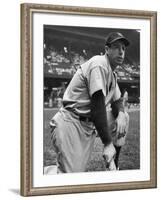 Baseball Player Joe Di Maggio Kneeling in His New York Yankee Uniform-Alfred Eisenstaedt-Framed Premium Photographic Print