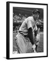 Baseball Player Joe Di Maggio Kneeling in His New York Yankee Uniform-Alfred Eisenstaedt-Framed Premium Photographic Print