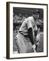 Baseball Player Joe Di Maggio Kneeling in His New York Yankee Uniform-Alfred Eisenstaedt-Framed Premium Photographic Print