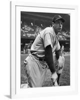 Baseball Player Joe Di Maggio Kneeling in His New York Yankee Uniform-Alfred Eisenstaedt-Framed Premium Photographic Print