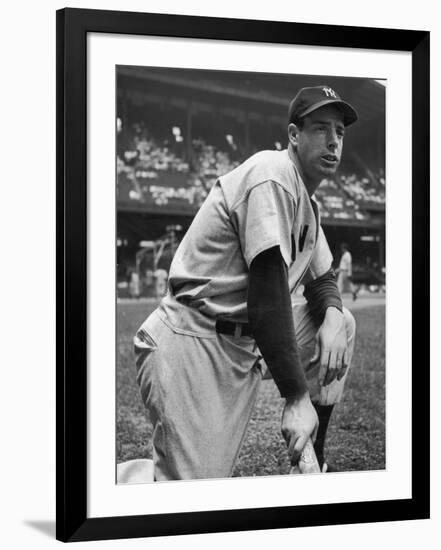 Baseball Player Joe Di Maggio Kneeling in His New York Yankee Uniform-Alfred Eisenstaedt-Framed Premium Photographic Print