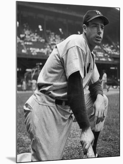 Baseball Player Joe Di Maggio Kneeling in His New York Yankee Uniform-Alfred Eisenstaedt-Mounted Premium Photographic Print