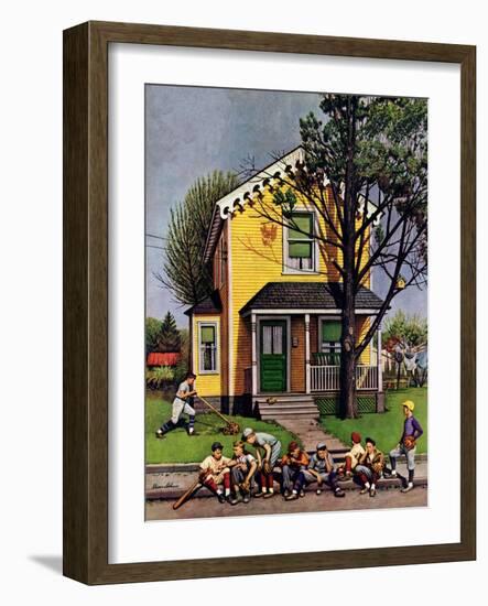 "Baseball Player Mowing the Lawn," July 20, 1946-Stevan Dohanos-Framed Giclee Print