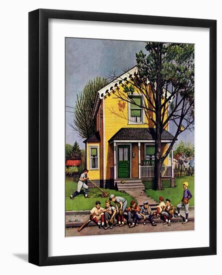 "Baseball Player Mowing the Lawn," July 20, 1946-Stevan Dohanos-Framed Giclee Print