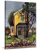 "Baseball Player Mowing the Lawn," July 20, 1946-Stevan Dohanos-Stretched Canvas