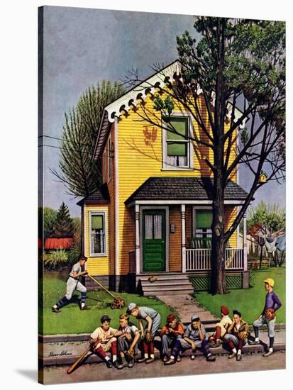 "Baseball Player Mowing the Lawn," July 20, 1946-Stevan Dohanos-Stretched Canvas