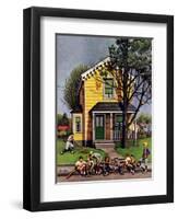 "Baseball Player Mowing the Lawn," July 20, 1946-Stevan Dohanos-Framed Premium Giclee Print