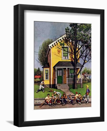 "Baseball Player Mowing the Lawn," July 20, 1946-Stevan Dohanos-Framed Premium Giclee Print