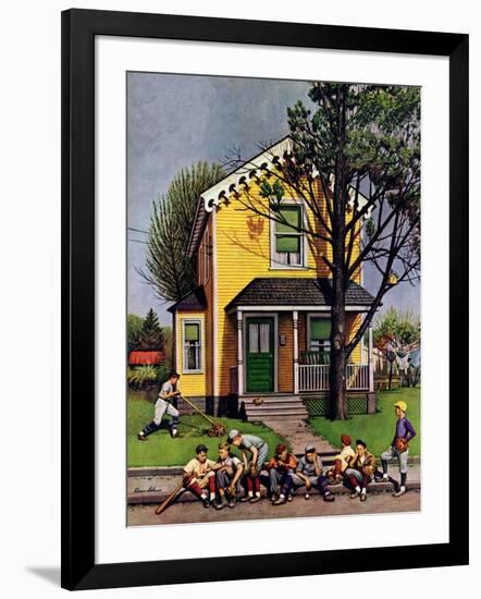 "Baseball Player Mowing the Lawn," July 20, 1946-Stevan Dohanos-Framed Giclee Print