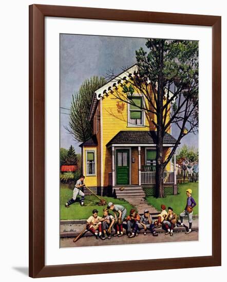 "Baseball Player Mowing the Lawn," July 20, 1946-Stevan Dohanos-Framed Giclee Print