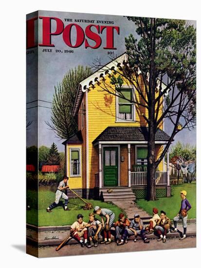 "Baseball Player Mowing the Lawn," Saturday Evening Post Cover, July 20, 1946-Stevan Dohanos-Stretched Canvas