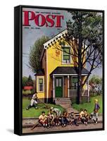 "Baseball Player Mowing the Lawn," Saturday Evening Post Cover, July 20, 1946-Stevan Dohanos-Framed Stretched Canvas