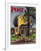 "Baseball Player Mowing the Lawn," Saturday Evening Post Cover, July 20, 1946-Stevan Dohanos-Framed Giclee Print