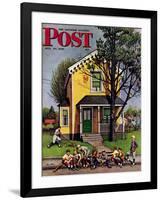 "Baseball Player Mowing the Lawn," Saturday Evening Post Cover, July 20, 1946-Stevan Dohanos-Framed Giclee Print