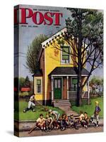 "Baseball Player Mowing the Lawn," Saturday Evening Post Cover, July 20, 1946-Stevan Dohanos-Stretched Canvas