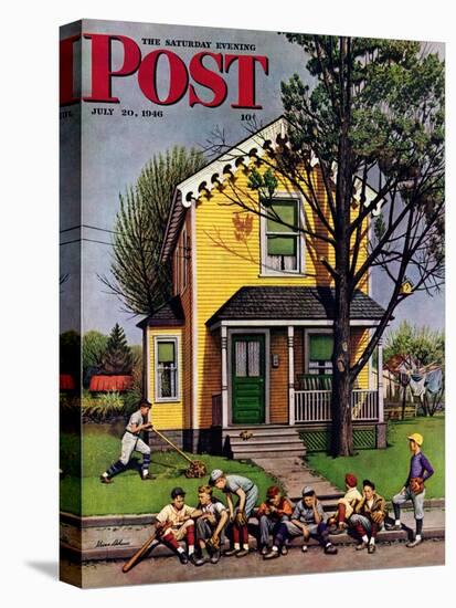 "Baseball Player Mowing the Lawn," Saturday Evening Post Cover, July 20, 1946-Stevan Dohanos-Stretched Canvas