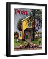 "Baseball Player Mowing the Lawn," Saturday Evening Post Cover, July 20, 1946-Stevan Dohanos-Framed Giclee Print