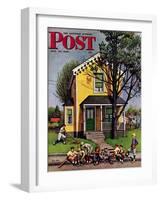 "Baseball Player Mowing the Lawn," Saturday Evening Post Cover, July 20, 1946-Stevan Dohanos-Framed Giclee Print