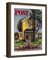 "Baseball Player Mowing the Lawn," Saturday Evening Post Cover, July 20, 1946-Stevan Dohanos-Framed Premium Giclee Print