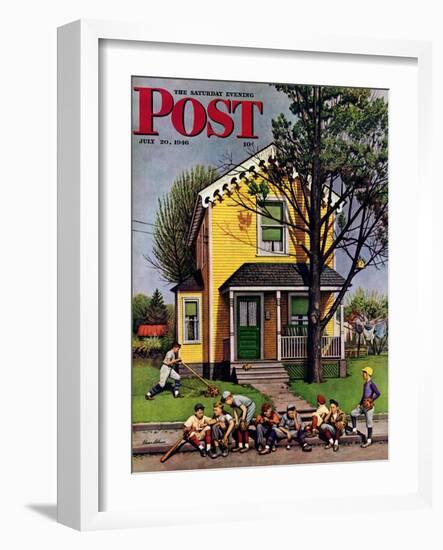 "Baseball Player Mowing the Lawn," Saturday Evening Post Cover, July 20, 1946-Stevan Dohanos-Framed Premium Giclee Print