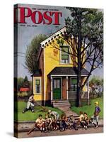 "Baseball Player Mowing the Lawn," Saturday Evening Post Cover, July 20, 1946-Stevan Dohanos-Stretched Canvas