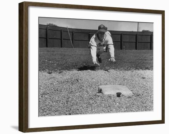 Baseball Player Richie Ashburn Making a Belly-Whopper Slide into Base During Practice-Ralph Morse-Framed Premium Photographic Print