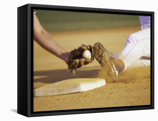 Baseball Player Sliding at a Base, and a Gloved Hand Holding a Ball-null-Framed Stretched Canvas