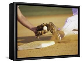 Baseball Player Sliding at a Base, and a Gloved Hand Holding a Ball-null-Framed Stretched Canvas