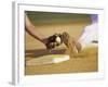 Baseball Player Sliding at a Base, and a Gloved Hand Holding a Ball-null-Framed Photographic Print