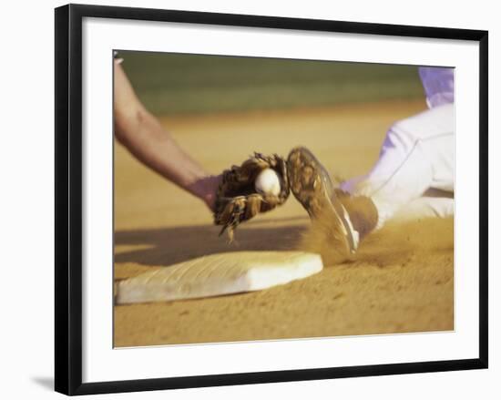 Baseball Player Sliding at a Base, and a Gloved Hand Holding a Ball-null-Framed Photographic Print