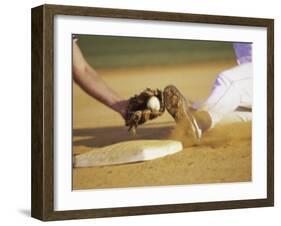 Baseball Player Sliding at a Base, and a Gloved Hand Holding a Ball-null-Framed Photographic Print