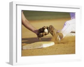 Baseball Player Sliding at a Base, and a Gloved Hand Holding a Ball-null-Framed Photographic Print