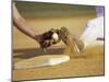 Baseball Player Sliding at a Base, and a Gloved Hand Holding a Ball-null-Mounted Photographic Print