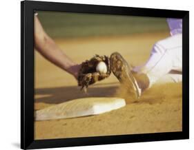 Baseball Player Sliding at a Base, and a Gloved Hand Holding a Ball-null-Framed Premium Photographic Print