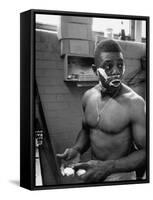 Baseball Player Willie Mays Shaving in the Locker Room-John Dominis-Framed Stretched Canvas