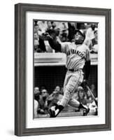 Baseball Player Willie Mays Watching Ball Clear Fence for Home Run in Game with Dodgers-Ralph Morse-Framed Premium Photographic Print