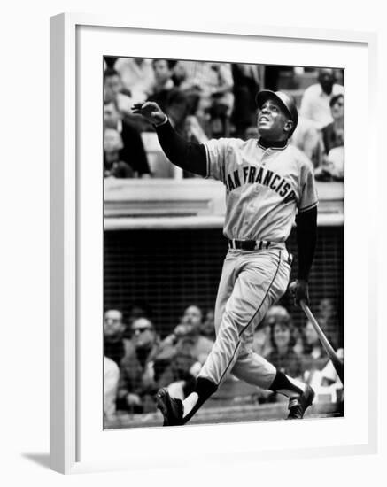 Baseball Player Willie Mays Watching Ball Clear Fence for Home Run in Game with Dodgers-Ralph Morse-Framed Premium Photographic Print