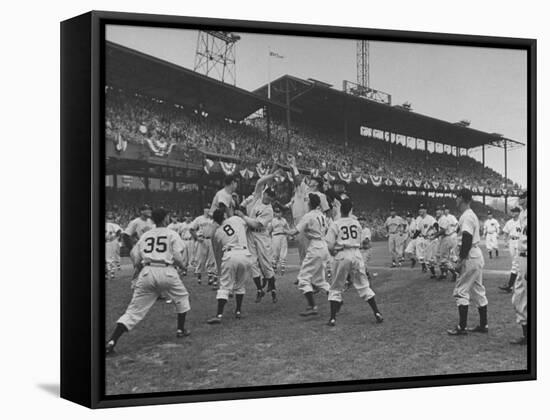 Baseball Players Catch Ball Thrown by Pres. Harry S. Truman at Opening Game for Washington Senators-Marie Hansen-Framed Stretched Canvas