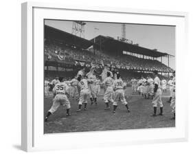 Baseball Players Catch Ball Thrown by Pres. Harry S. Truman at Opening Game for Washington Senators-Marie Hansen-Framed Premium Photographic Print