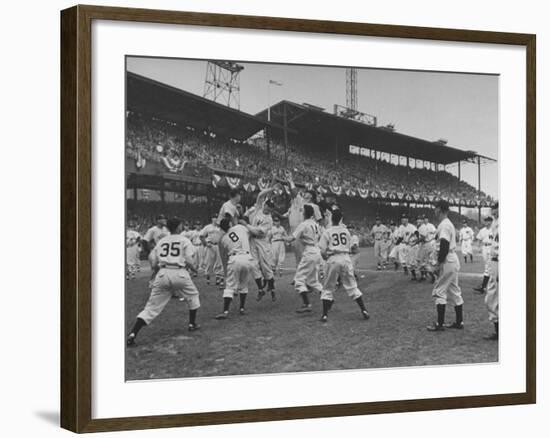 Baseball Players Catch Ball Thrown by Pres. Harry S. Truman at Opening Game for Washington Senators-Marie Hansen-Framed Premium Photographic Print