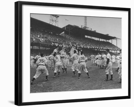 Baseball Players Catch Ball Thrown by Pres. Harry S. Truman at Opening Game for Washington Senators-Marie Hansen-Framed Premium Photographic Print