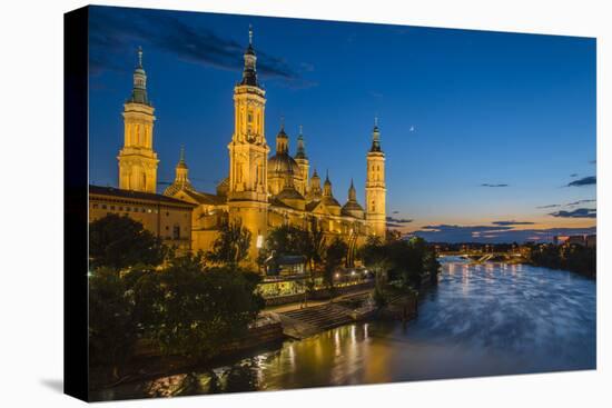 Basilica De Nuestra Senora Del Pilar Church and Ebro River at Dusk, Zaragoza, Aragon, Spain-Stefano Politi Markovina-Stretched Canvas