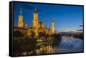 Basilica De Nuestra Senora Del Pilar Church and Ebro River at Dusk, Zaragoza, Aragon, Spain-Stefano Politi Markovina-Framed Stretched Canvas