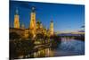 Basilica De Nuestra Senora Del Pilar Church and Ebro River at Dusk, Zaragoza, Aragon, Spain-Stefano Politi Markovina-Mounted Photographic Print