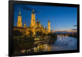 Basilica De Nuestra Senora Del Pilar Church and Ebro River at Dusk, Zaragoza, Aragon, Spain-Stefano Politi Markovina-Framed Photographic Print