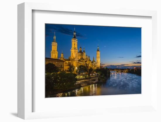 Basilica De Nuestra Senora Del Pilar Church and Ebro River at Dusk, Zaragoza, Aragon, Spain-Stefano Politi Markovina-Framed Photographic Print